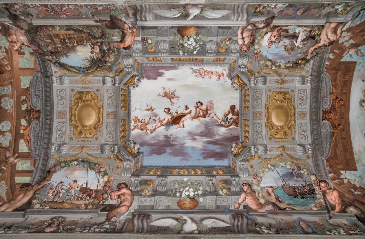 Hochzeitsbankett. Auf den Wolken sitzen Bacchus, Ariadne und Venus mit einer Figur, die Wein einschenkt, an einem runden Tisch. Die anderen Götter schauen von weitem zu. von Jean Boulanger