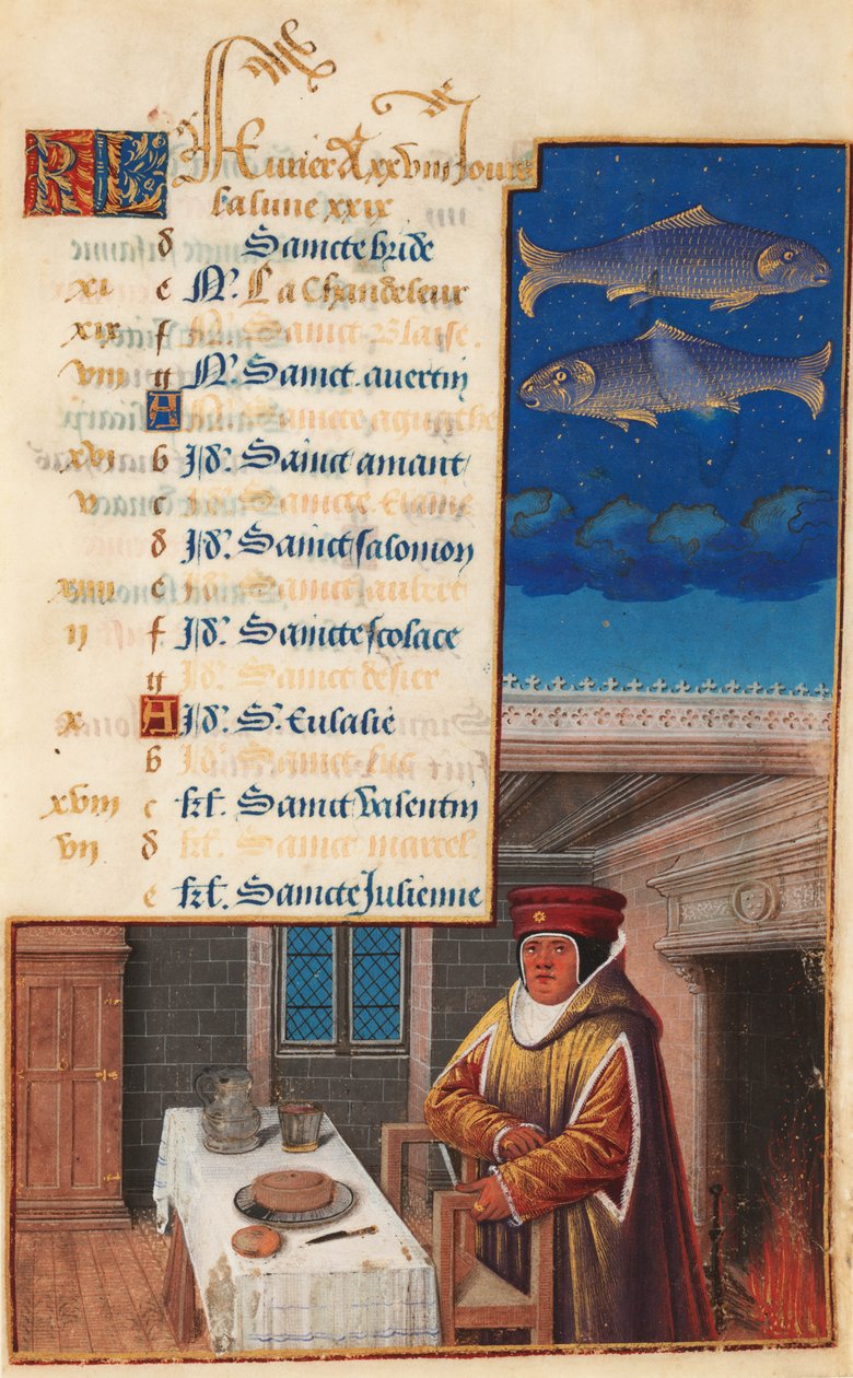 Stundenbuch von Ludwig XII (ehemals Stundenbuch von Heinrich VII), Kalenderblatt für den Monat Februar, ca. 1490-1510 von Jean Bourdichon