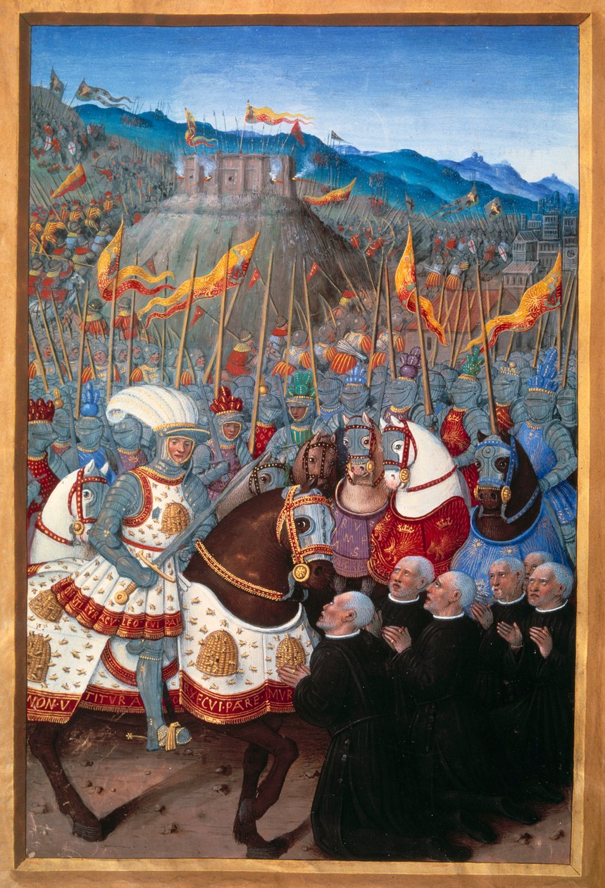 Louis XII (1462-1515) empfängt sechs Bürger von Genua kniend (25. April 1507). Miniatur von Jean Bourdichon (1457? - 1521) in „Reise nach Genua“ (Folio 20v) geschrieben von Jean Marot, ca. 1508. Paris, B N von Jean Bourdichon