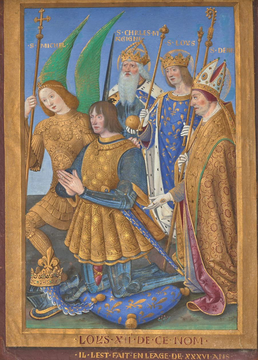 Ludwig XII. von Frankreich kniend im Gebet, begleitet von den Heiligen Michael, Karl dem Großen, Ludwig und Dionysius von Jean Bourdichon