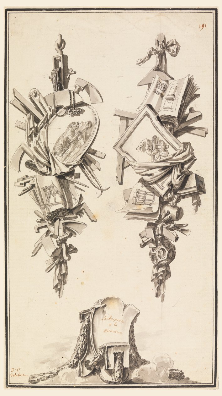 Ein Paar Trophäen, die auf die Handwerke des Schreiners und Tischlers verweisen von Jean Charles Delafosse