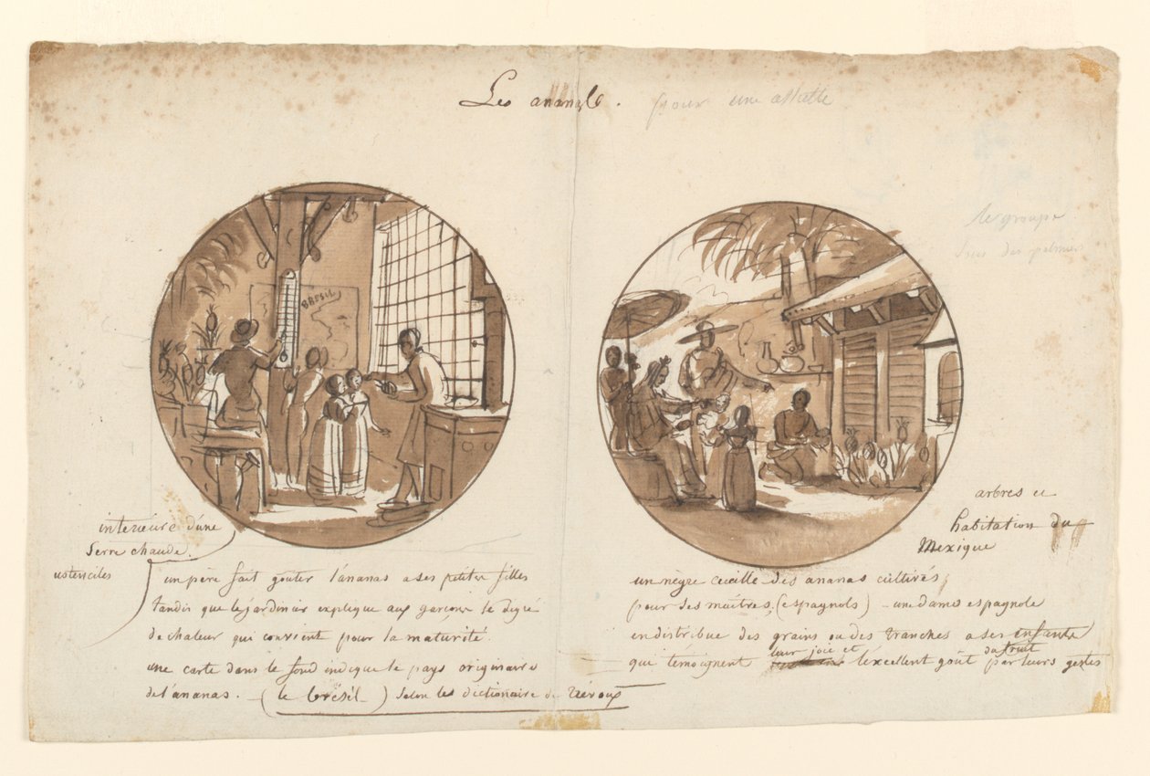 Entwürfe für bemalte Porzellanteller, Les Ananas (Ananas) aus dem Service des Objets de Dessert (Dessertservice) von Jean Charles Develly