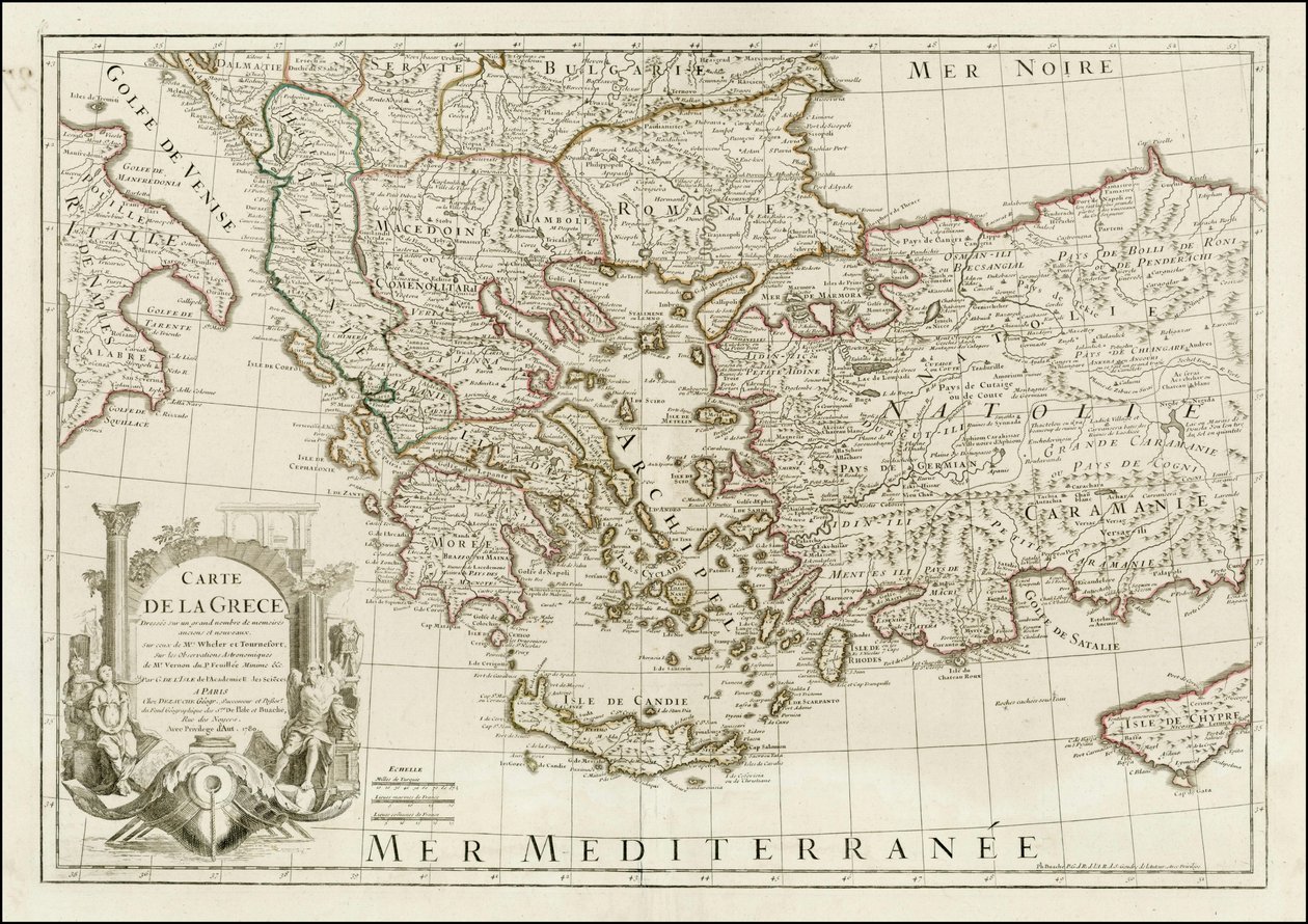 Karte von 1780 - Karte von Griechenland, erstellt auf einer Vielzahl von alten und neuen Berichten, auf denen von Mrs. Whele und Tournefort von Jean Claude Dezauche
