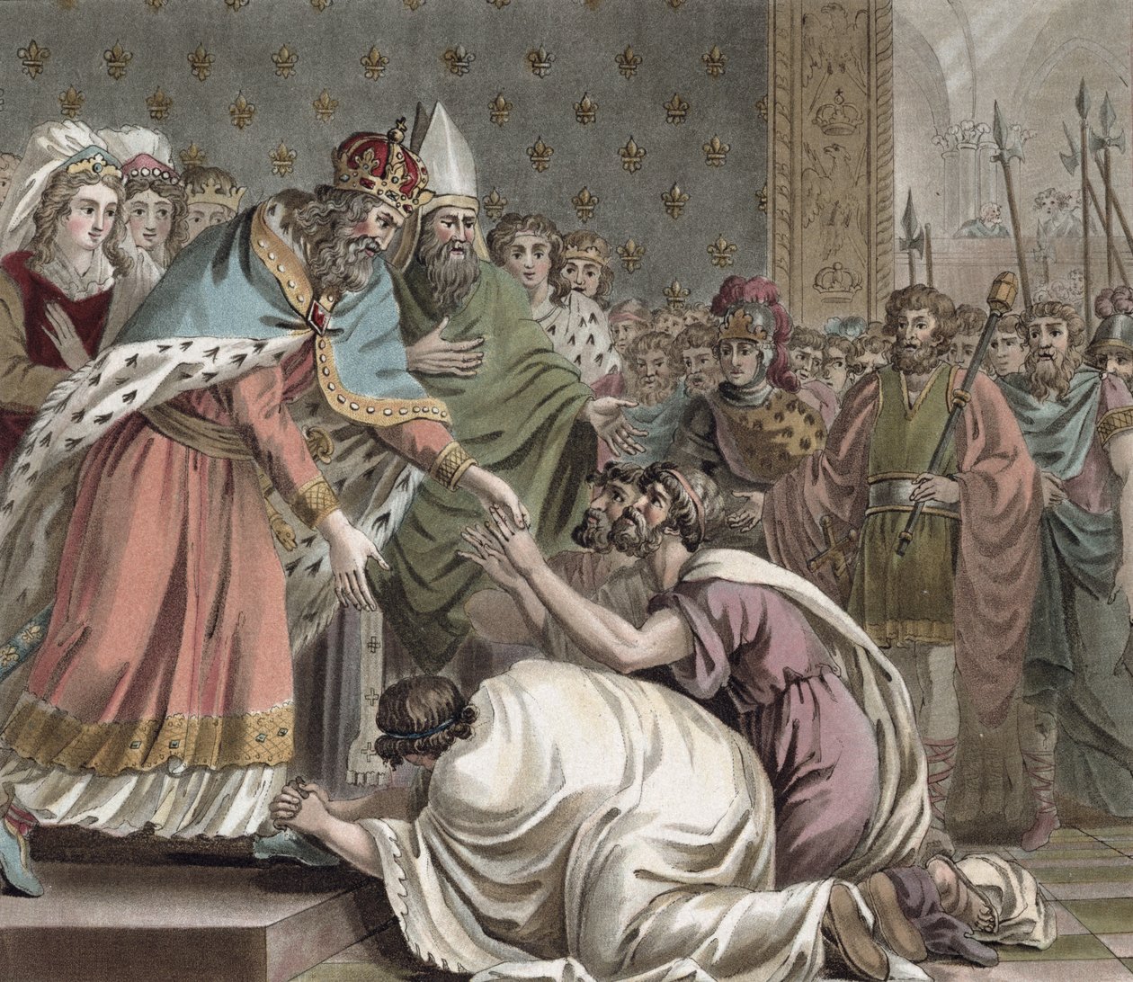 Karl der Große (742-814) empfängt die Botschafter des Kaisers des Ostens, graviert von Jean Baptiste Morret, 1789 von Jean Claude Naigeon