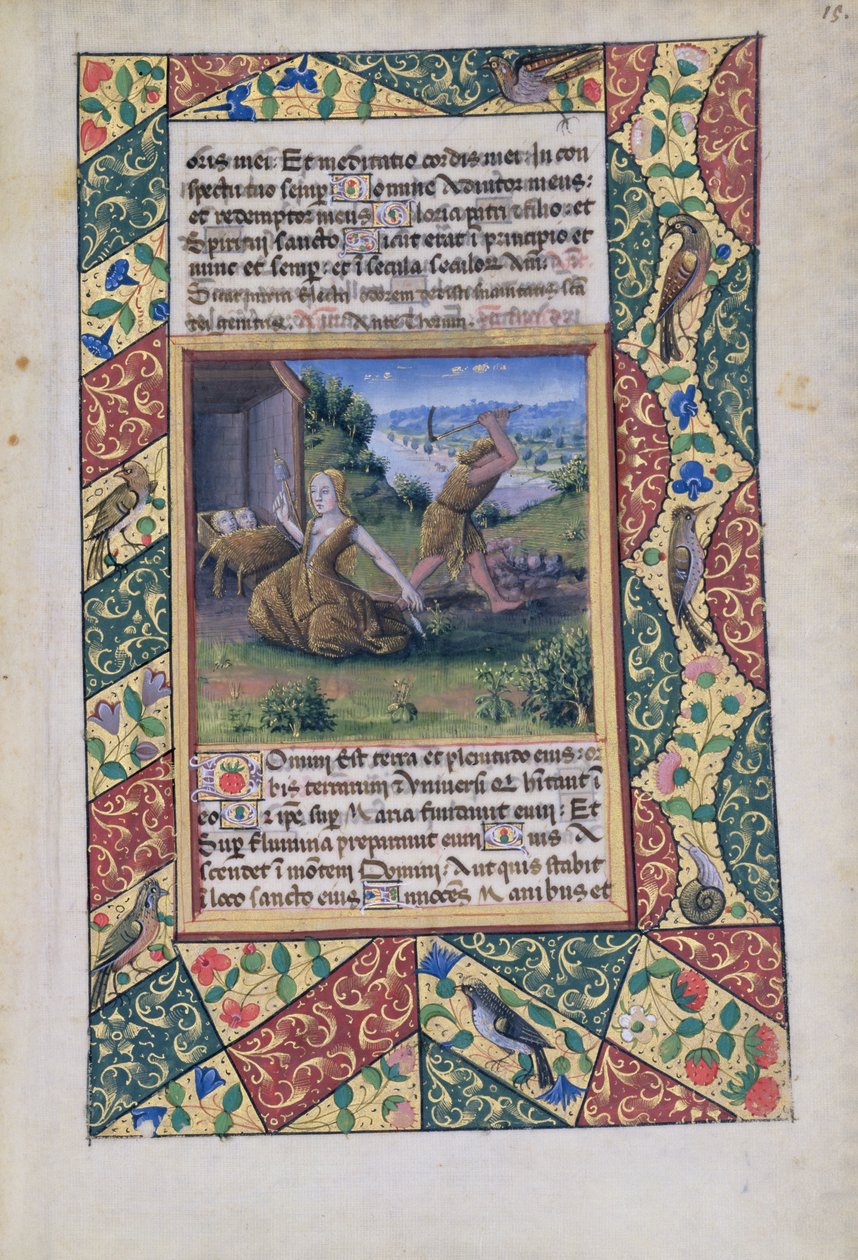 Ms Lat. Q.v.I.126 fol.15 Adam und Eva bei der Arbeit, aus dem Stundenbuch von Louis d