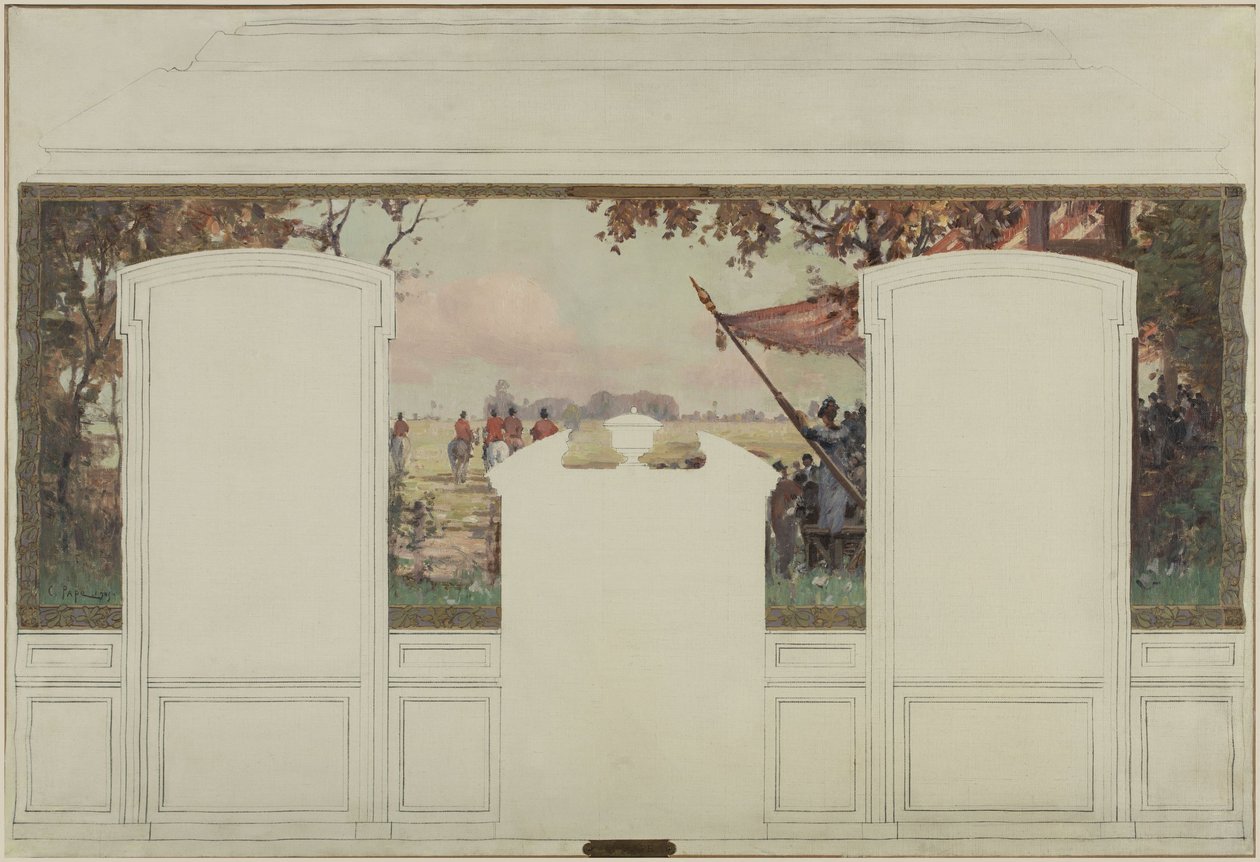 Skizze für das Rathaus von Fresnes: Landschaft mit Tribünen und Reitern von Jean Constant Pape