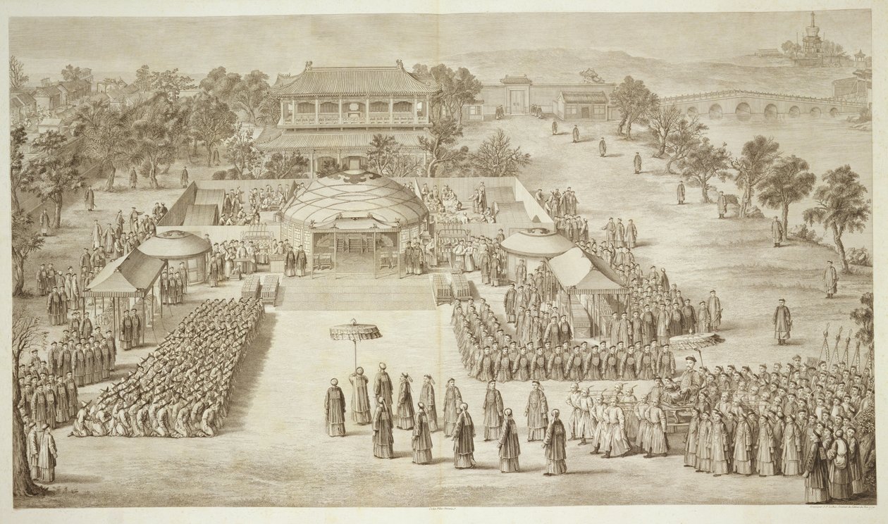 Der Kaiser Qianlong empfängt die Huldigung der besiegten Eleuths (Tartar Kalmucks), Platte 2 aus einer Serie von Drucken, die die Eroberungen des Kaisers von China darstellen, graviert von Jacques Philippe Le von Jean Denis Attiret