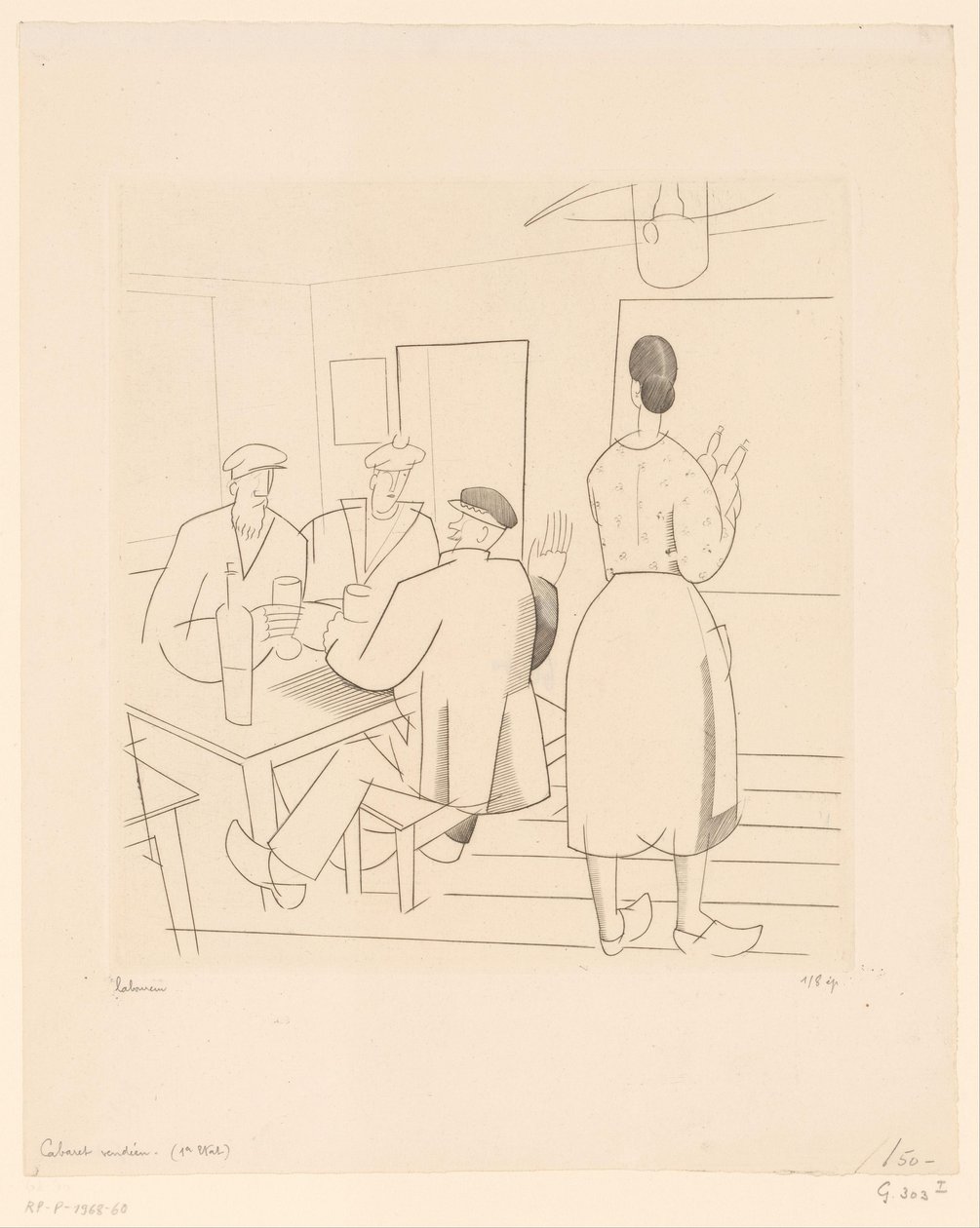 Caféinterieur mit Kunden und Kellnerin von Jean Emile Laboureur (signed by artist)