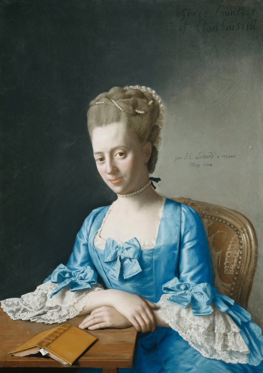 Porträt von Grace, Gräfin von Clanbrassil, geb. Foley, Halbfigur, in einem blauen Kleid, sitzend an einem Tisch, ihre Hände gekreuzt, 1774 von Jean Étienne Liotard