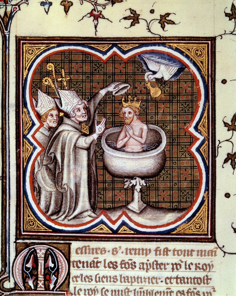 Taufe von Clovis (466-511) durch Saint Remy (Saint Remi) in Reims im Jahr 496: der Heilige Geist bringt die heilige Ampulle mit dem heiligen Chrisam, der für die Salbung der Könige verwendet wird. Miniatur in „Grandes Chroniques de France“ von Jean Fouquet von Jean Fouquet