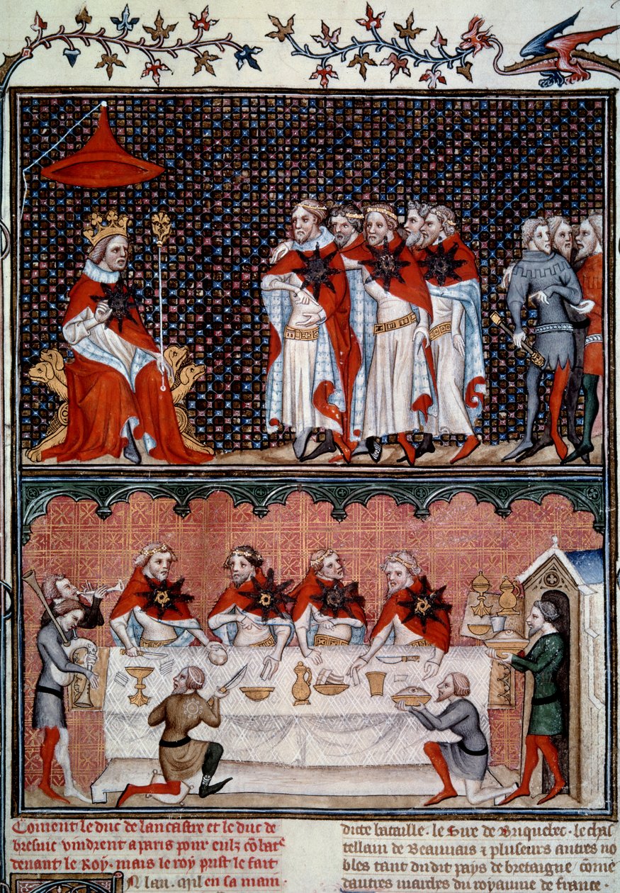 Einführung des Ordens des Sterns durch Jean le Bon und Bankett im Jahr 1352 Miniatur aus „Die großen Chroniken von Frankreich“ von Jean Fouquet, 1455-1460 von Jean Fouquet