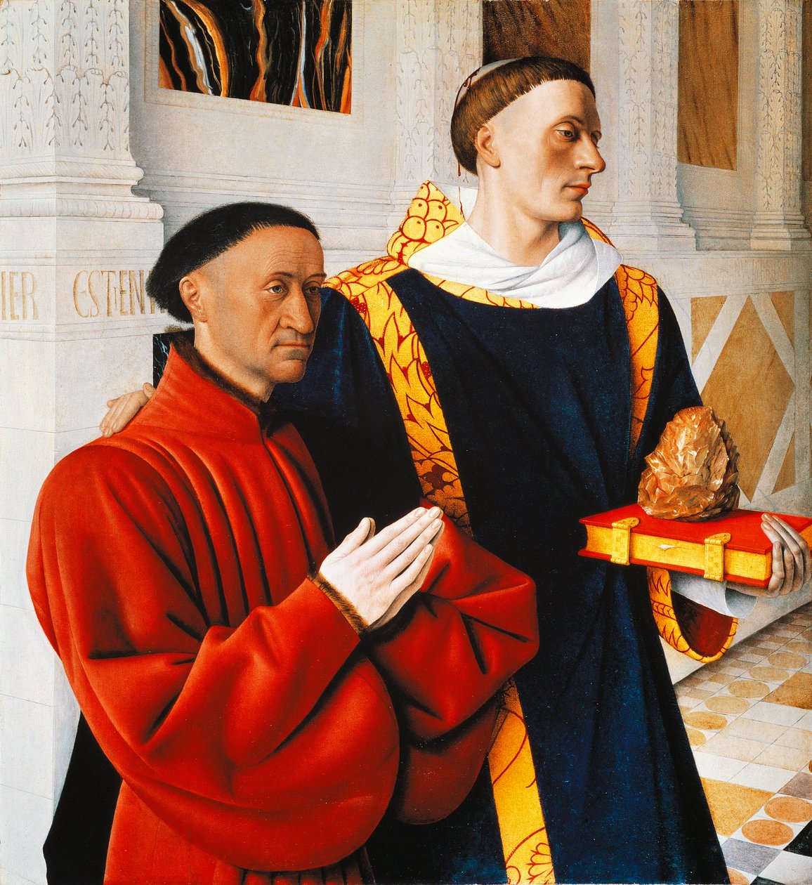 Linkes Flügelpanel des Melun-Diptychons: Etienne Chevalier mit seinem Schutzpatron St. Stephan von Jean Fouquet
