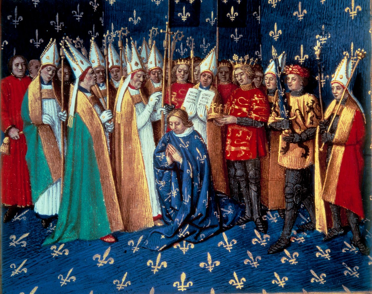 Die Krönung von Philippe Auguste in Reims am 1.11.1179. Miniatur aus den Chroniken von Saint Denis von Jean Fouquet (1420-1481) von Jean Fouquet