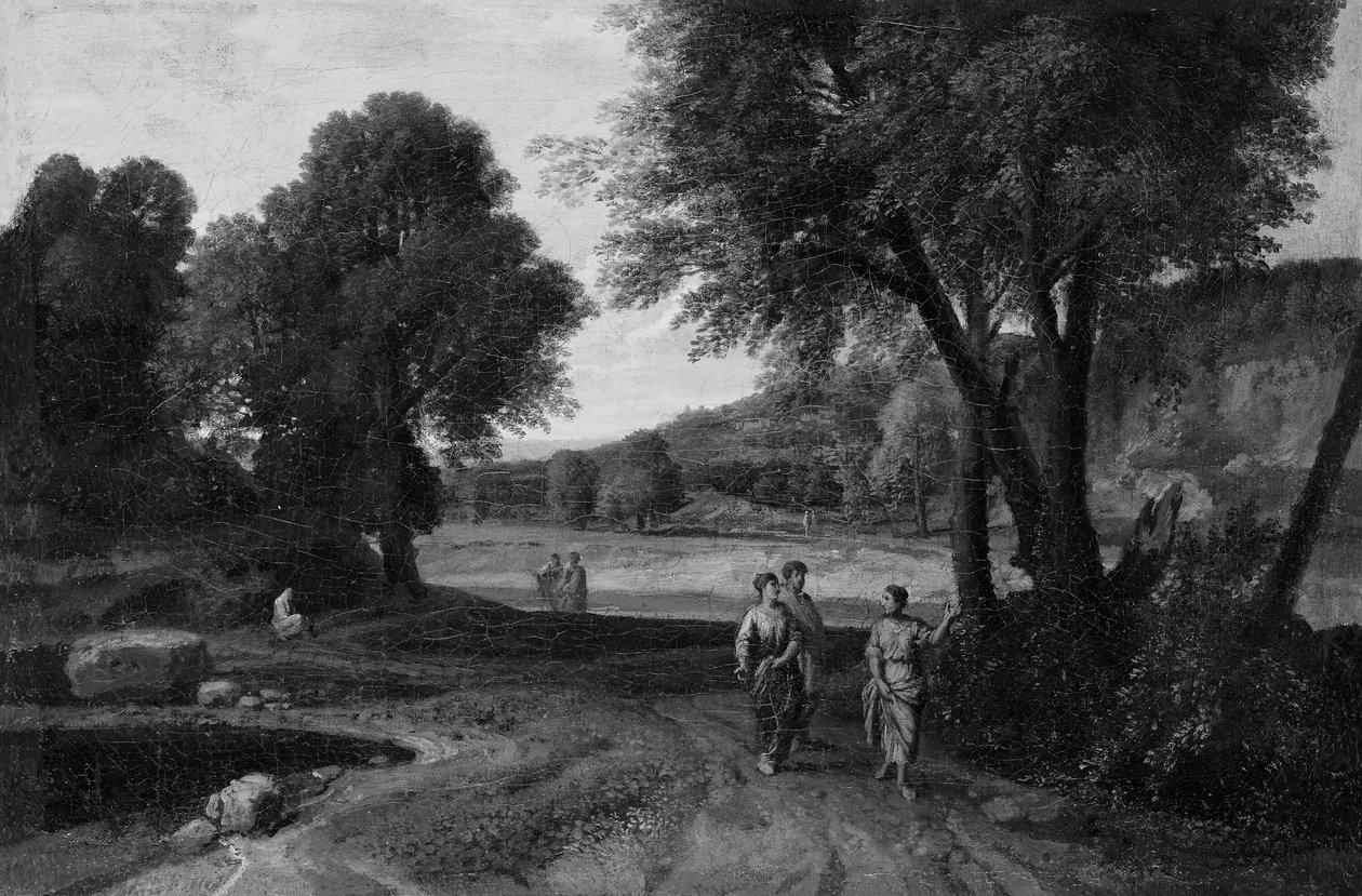 Klassische Landschaft mit zwei Frauen und einem Mann auf einem Pfad von Jean Francois Millet