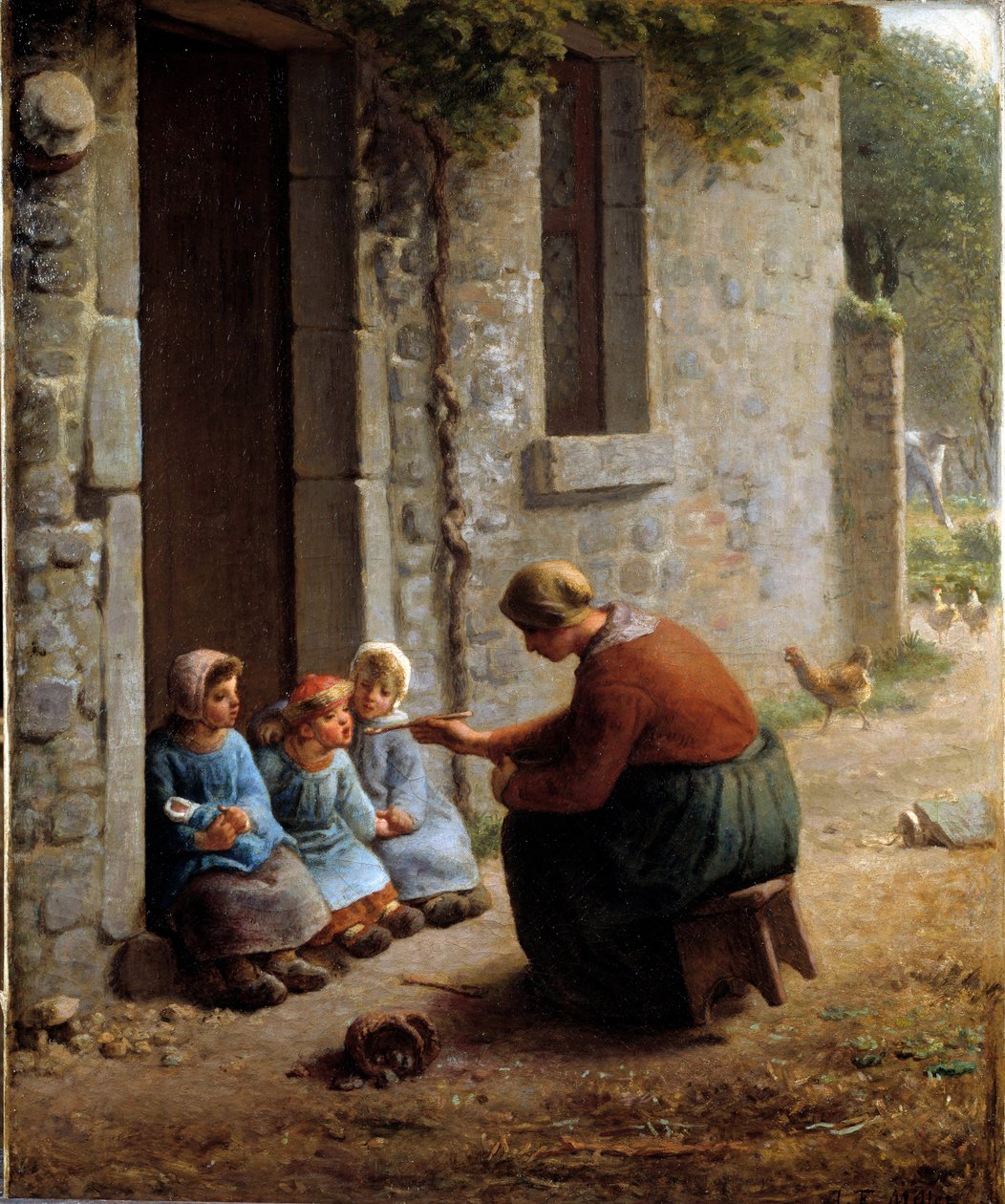 La becquée oder Bäuerin füttert ihre Kinder von Jean Francois Millet