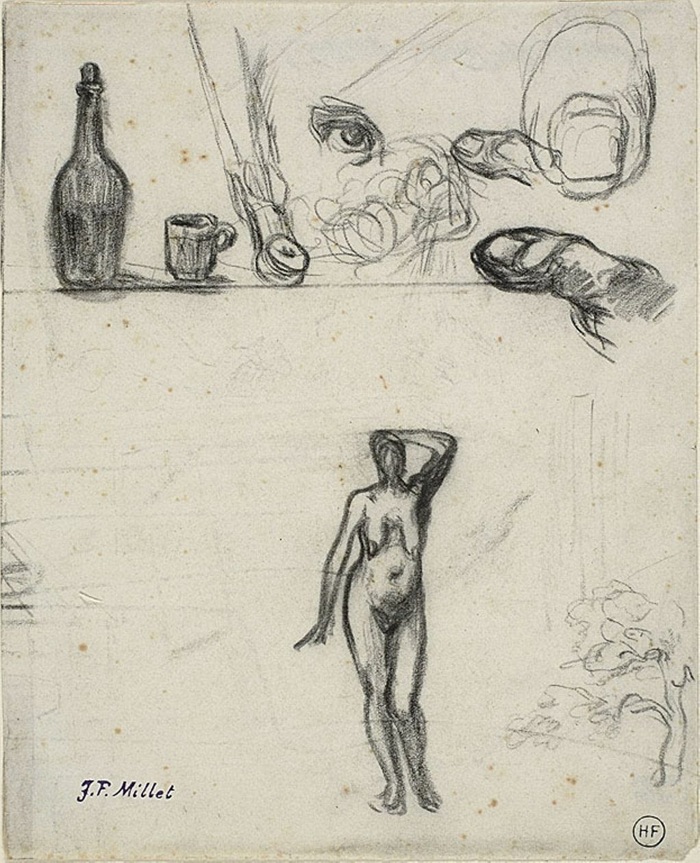 Blatt mit Skizzen: Stehender weiblicher Akt, Baum, Stillleben, Finger und Auge von Jean Francois Millet