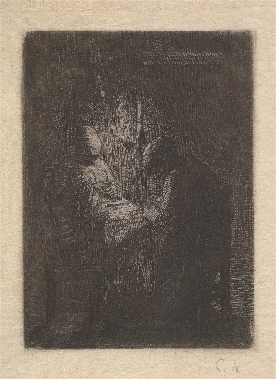 Zwei Frauen beim Nähen bei Lampenlicht, ca. 1853 von Jean Francois Millet