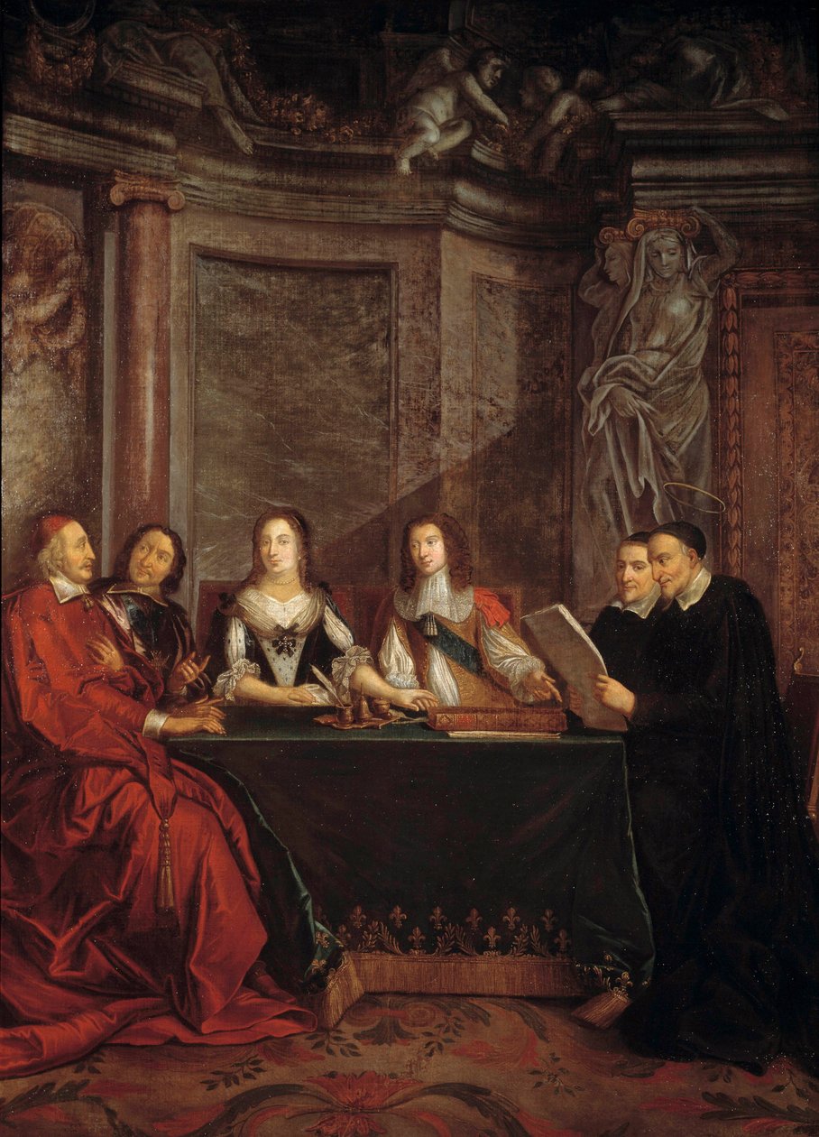 Der Rat des Gewissens: Der heilige Vinzenz von Paul, Leiter des Gewissensrates, liest vor Kardinal Jules Mazarin, Pierre Seguier, Königin Anna von Österreich und Ludwig XIV. von Jean François de Troy