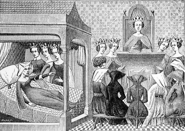 Die drei Tugenden, Vernunft, Aufrichtigkeit und Gerechtigkeit, drängen Christina de Pisan (um 1364-1410) ein Buch der Ethik für die Unterweisung der Damen zu schreiben, Illustration aus Wissenschaft und Literatur im Mittelalter von Jean Georges after Huyot