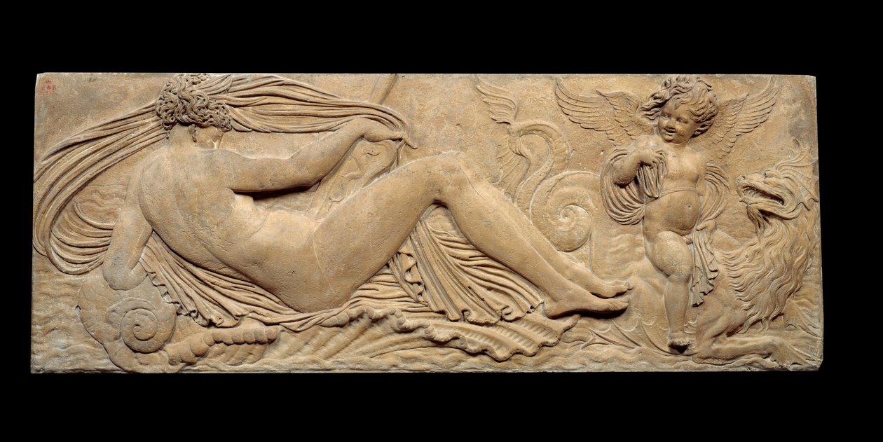 Nymphe und kleiner Genie reiten auf einem Meerespferd; Nymphe und Triton umgeben von zwei kleinen Genies (Steinskulptur) von Jean Goujon