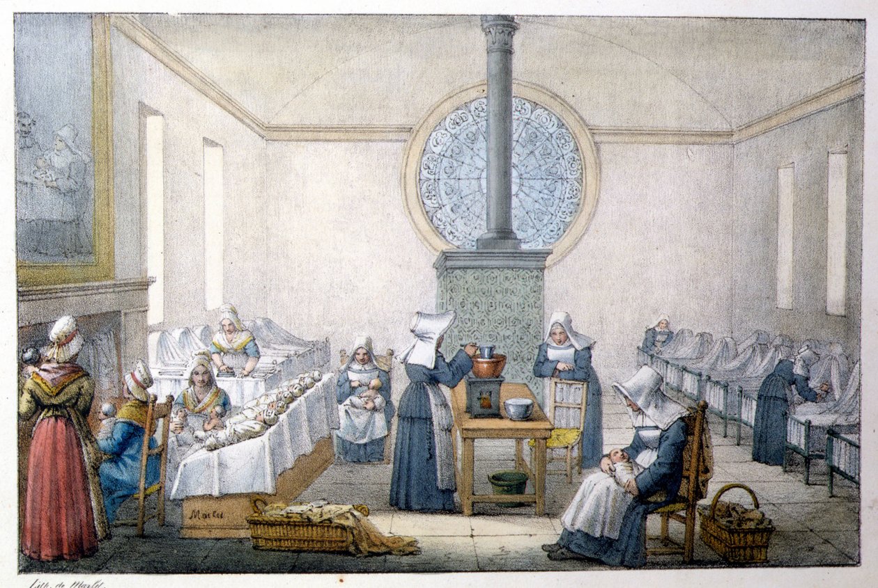 Gefundene Kinder (Waisenhaus) - Lithografie von Marlet, Ende des 19. Jahrhunderts von Jean Henri Marlet