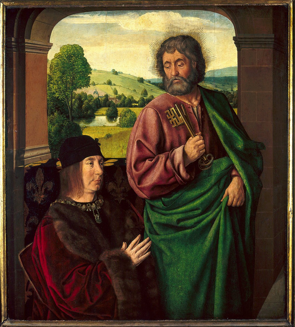 Porträt von Pierre II de Beaujeu, Herzog von Bourbon (1439-1505), präsentiert von Saint Pierre von Jean Hey