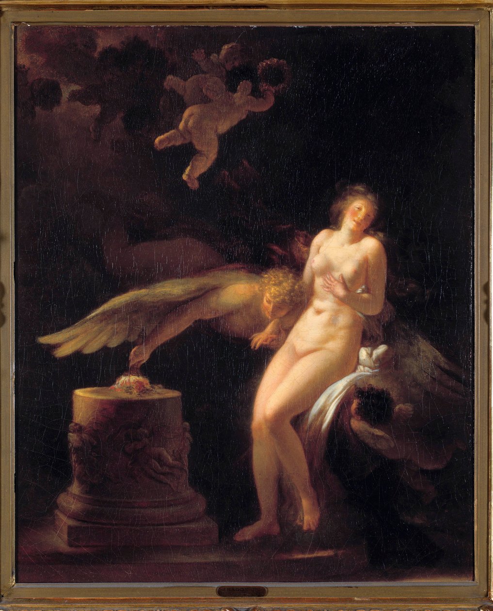 Das Opfer der Rose Eine nackte junge Frau vor einem Opferaltar, auf dem eine Rose (ihre Jungfräulichkeit?) und ein geflügeltes Wesen liegen. Gemälde von Jean Honoré Fragonard (1732-1806). 18. Jahrhundert Private Sammlung von Jean Honore Fragonard