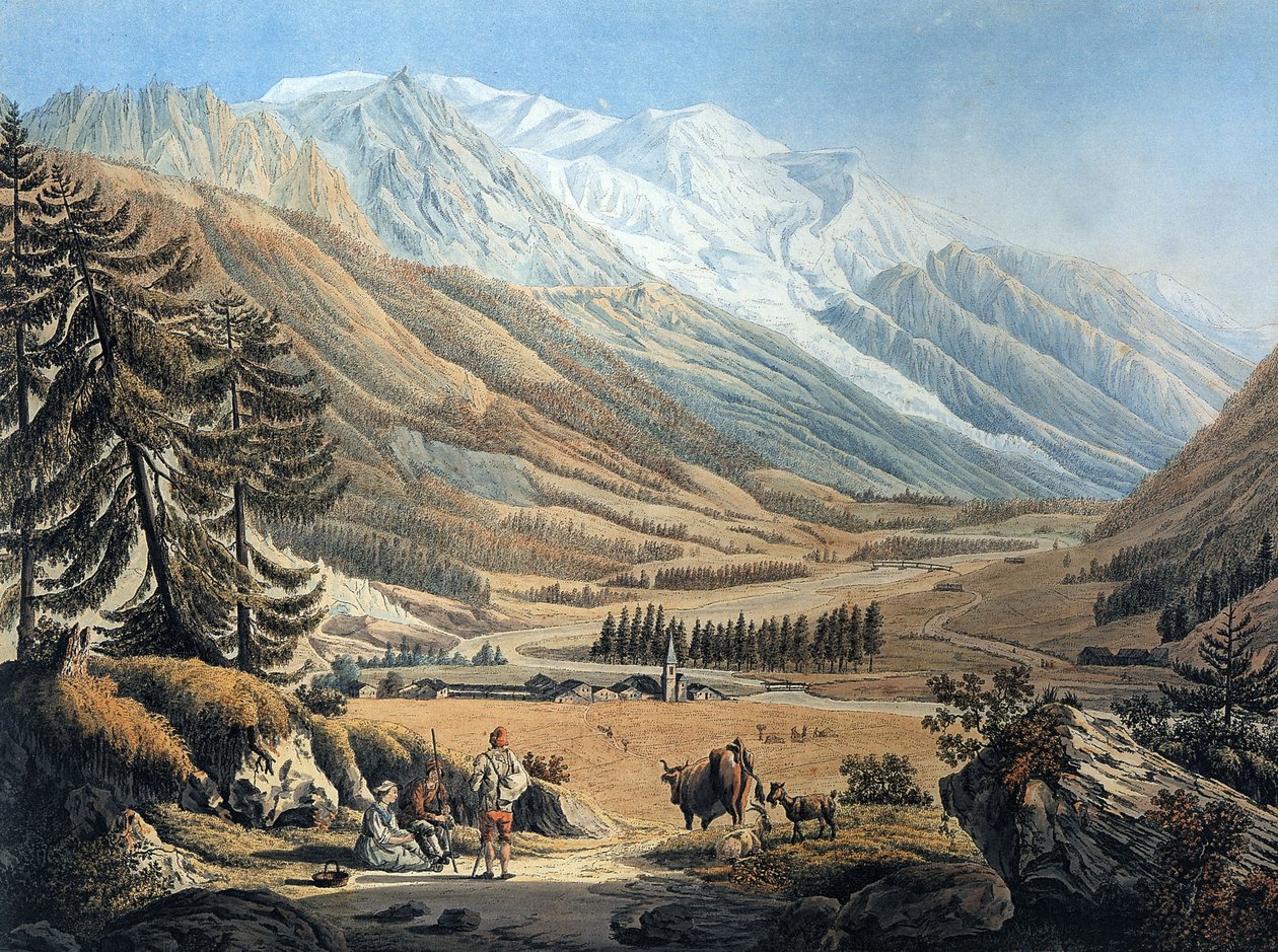 Blick auf das Chamonix-Tal, vom Dorf Argentiere von Jean Daniel Huber während der Reise ca. 1785 (Gravur) von Jean Huber