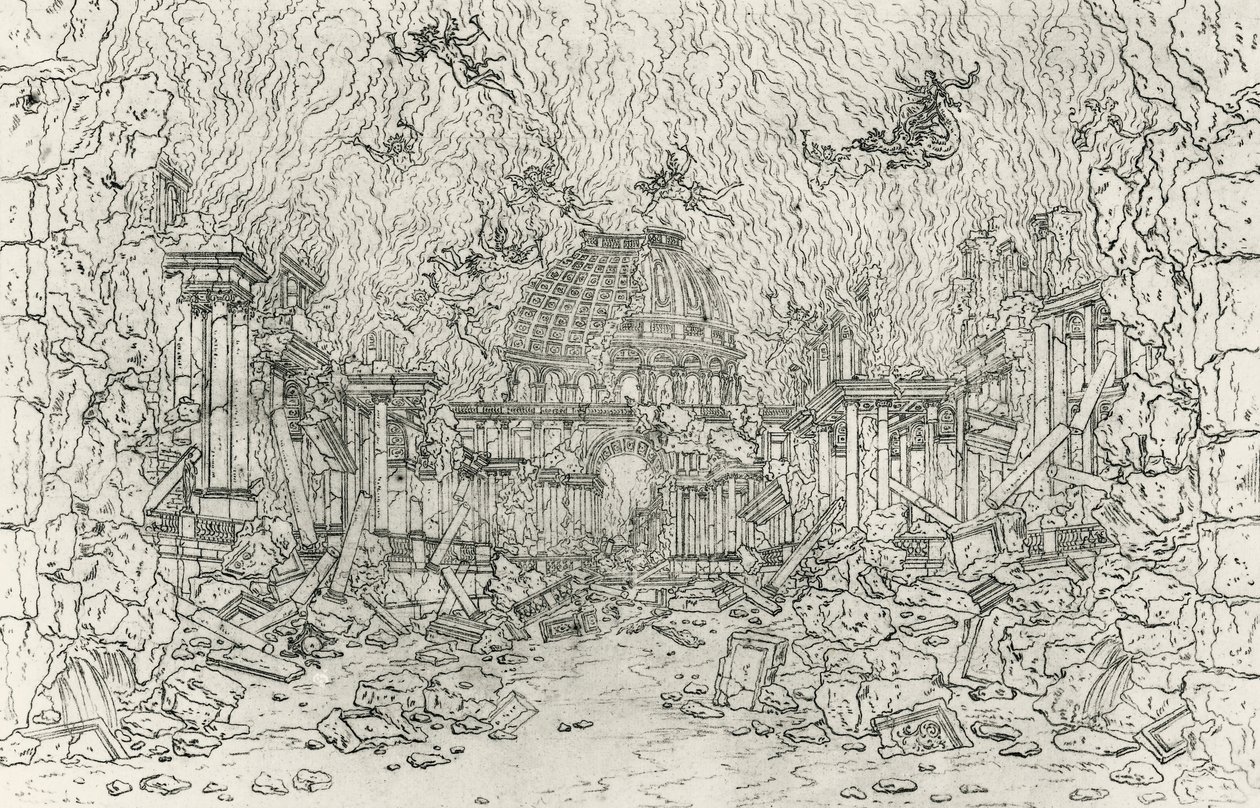 Zerstörung des Gebäudes, Skizze von Jean Berain, für Armide, von Jean-Baptiste Lully, Frankreich von Jean I  Berain