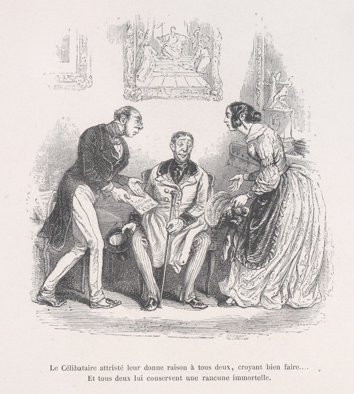 Die trauernde Witwe gibt beiden das Recht, gut zu handeln.... Und beide behalten ein ewiges..., 1843 von Jean Ignace Isidore Gérard