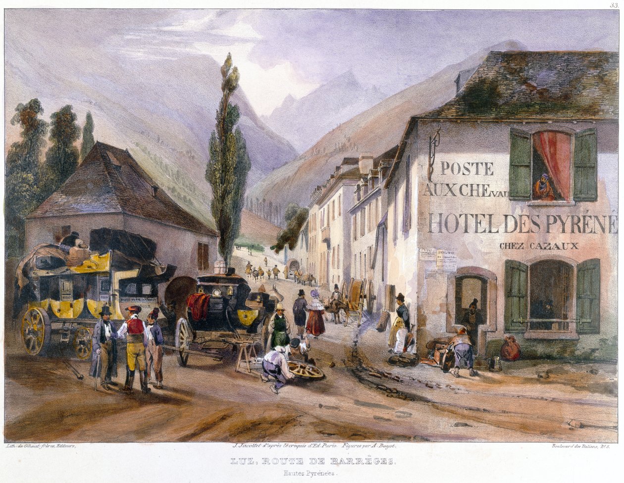 Ankunft und Reparatur einer Postkutsche in Luz auf dem Weg nach Barreges, ca. 1840 von Jean Jacottet