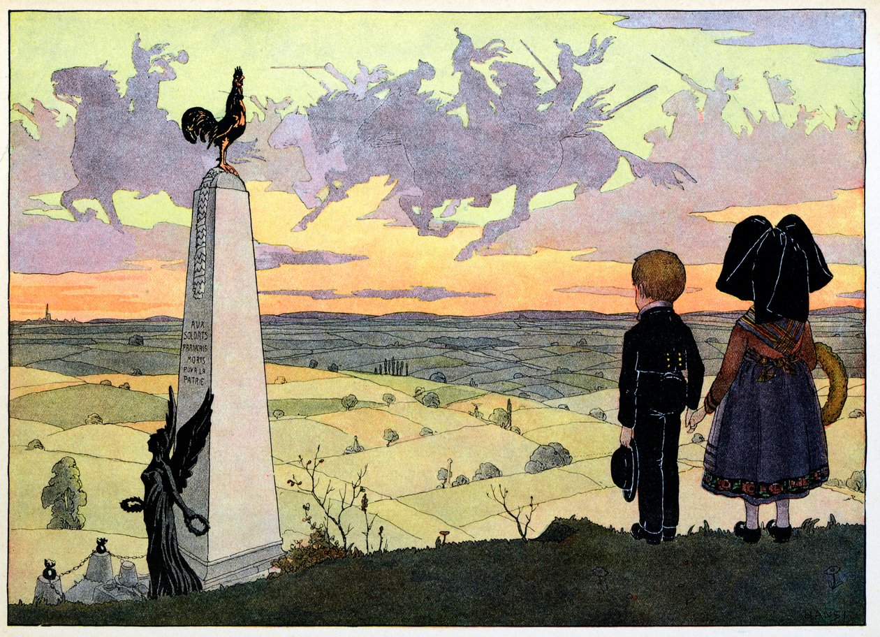 Mein Dorf, die, die nicht vergessen: Das Schlachtfeld (Geisberg-Denkmal mit den zwei Spinner-Kindern, die für Hansi posieren) von Jean Jacques (1873 1951) Waltz