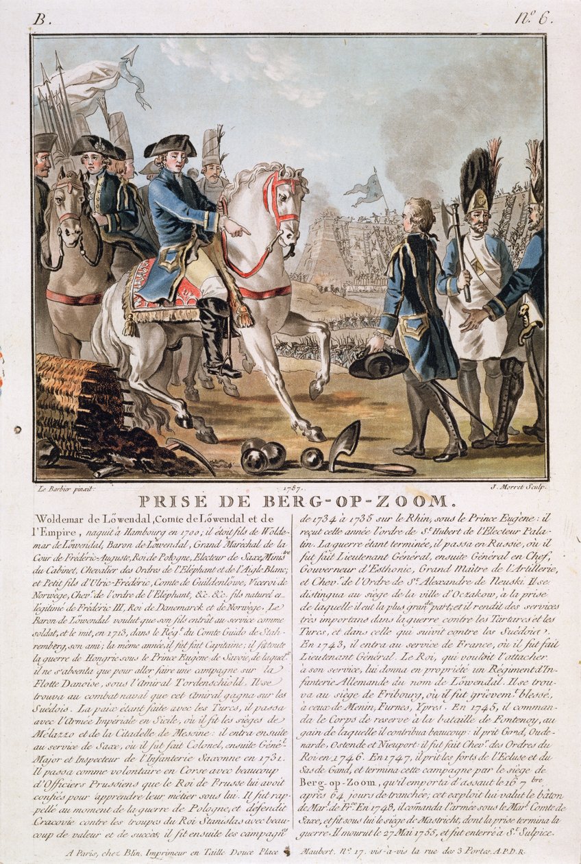 Die Einnahme von Berg-op-Zoom, Niederlande, 1747, graviert von Jean Baptiste Morret, 1787 von Jean Jacques Francois Le Barbier