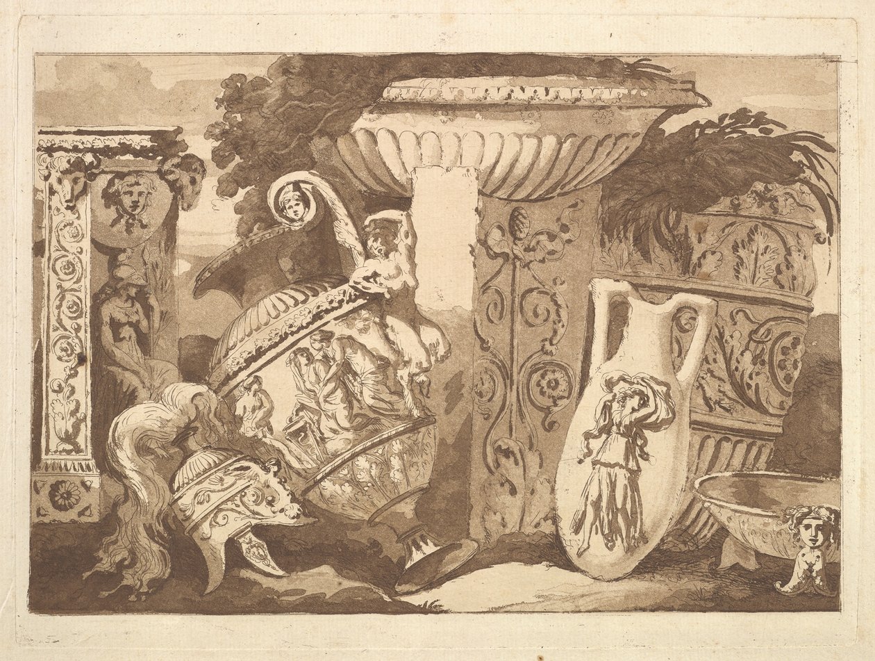 Komposition mit antiken Fragmenten und einer lehnenden Vase, aus Recueil de Compositions..., 1782-84 von Jean Jacques Lagrenee