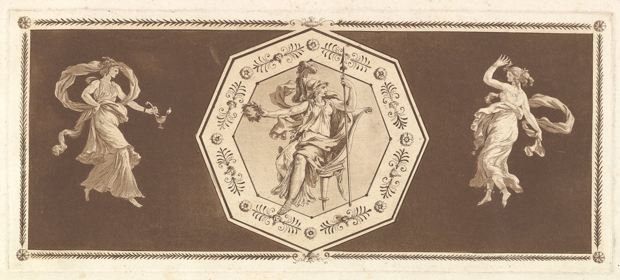 Minerva sitzt in einem dekorativen Oktagon, mit einer Figur links und rechts die Nacht von Jean Jacques Lagrenee