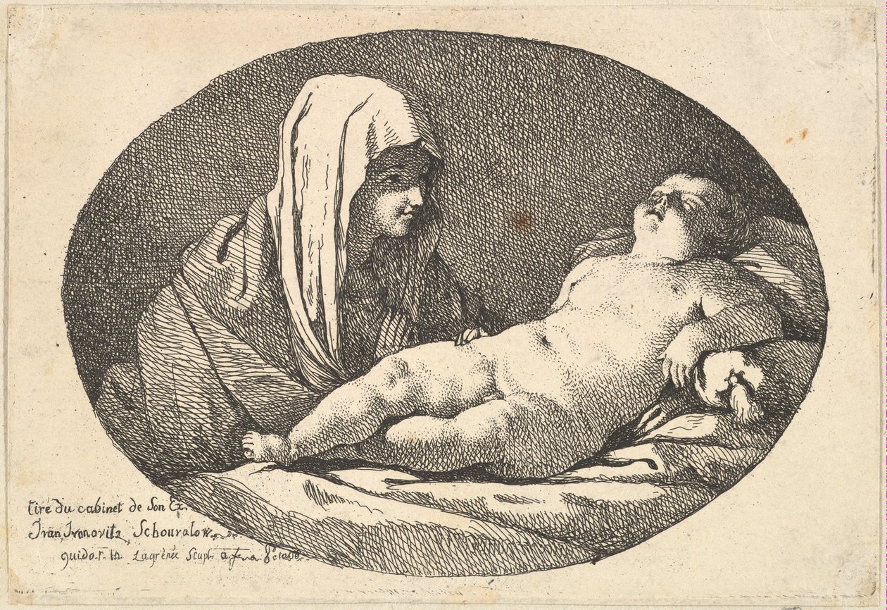 Die Jungfrau links beobachtet das schlafende Jesuskind, eine ovale Komposition, nach ..., 1760-63 von Jean Jacques Lagrenee