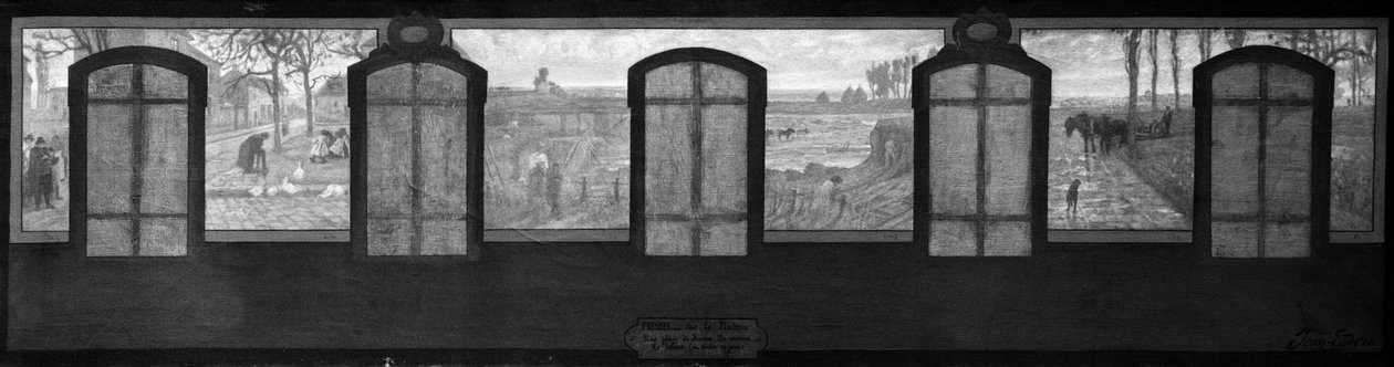 Skizze für das Rathaus von Fresnes: Auf dem Plateau, Ein Platz in Fresnes. Die Steinbrüche. Pflügen am Ende des Tages von Jean Joseph Enders