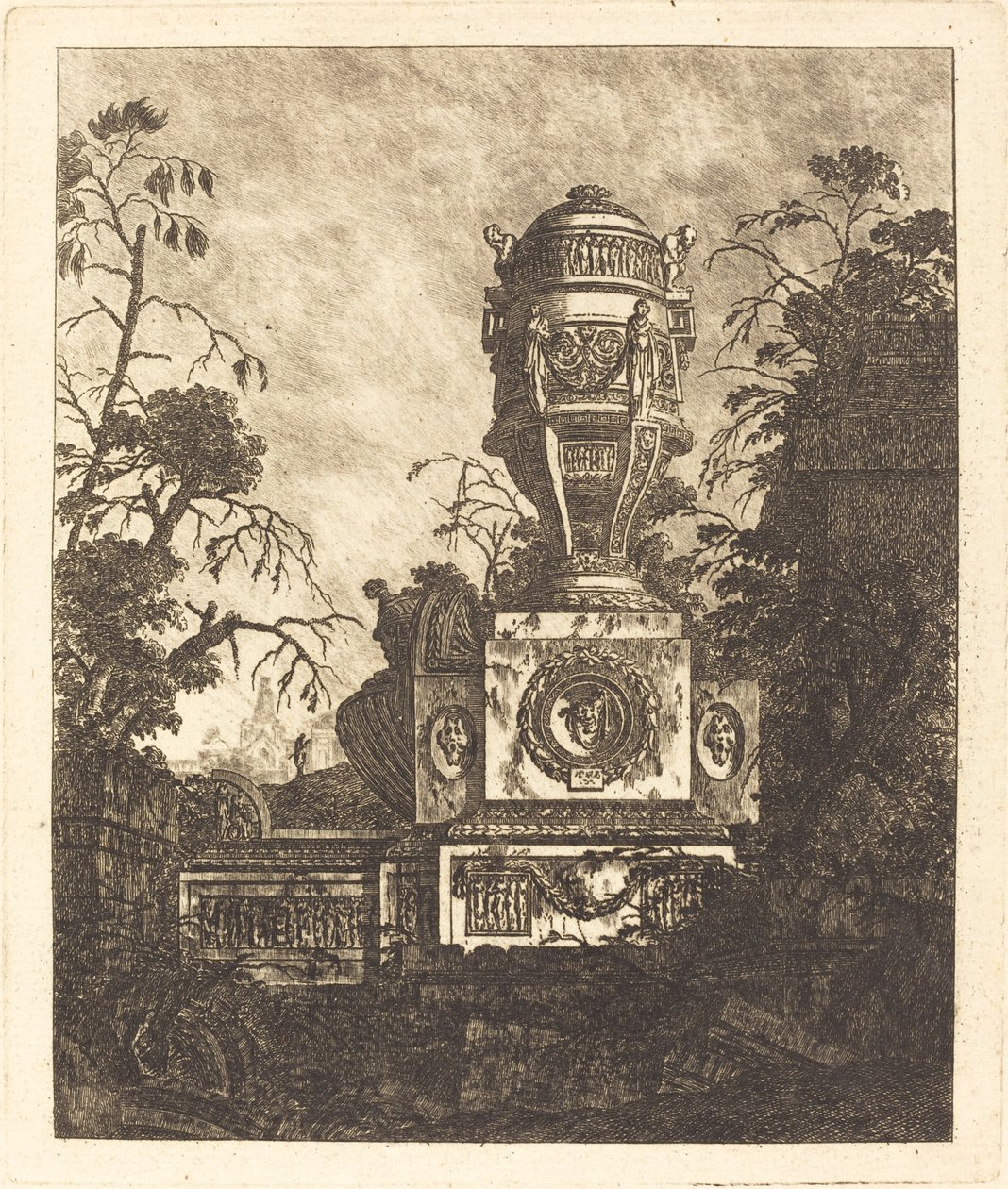 Vase auf einem Sockel mit drei grotesken Gesichtern von Jean Laurent Legeay