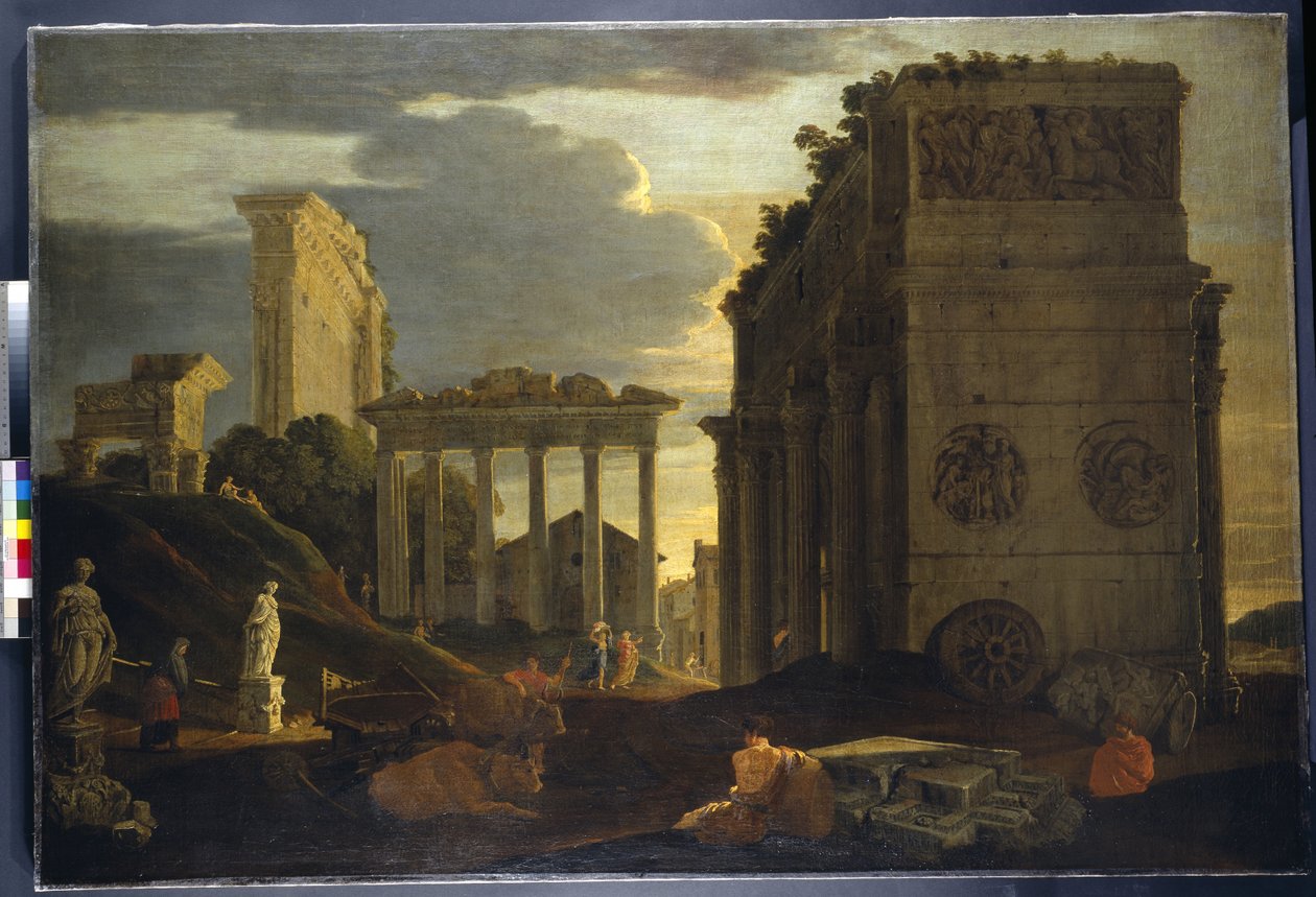 Capriccio-Ansicht mit Figuren bei einem Triumphbogen und den Tempeln des Saturn und Jupiter Tonans von Jean Lemaire