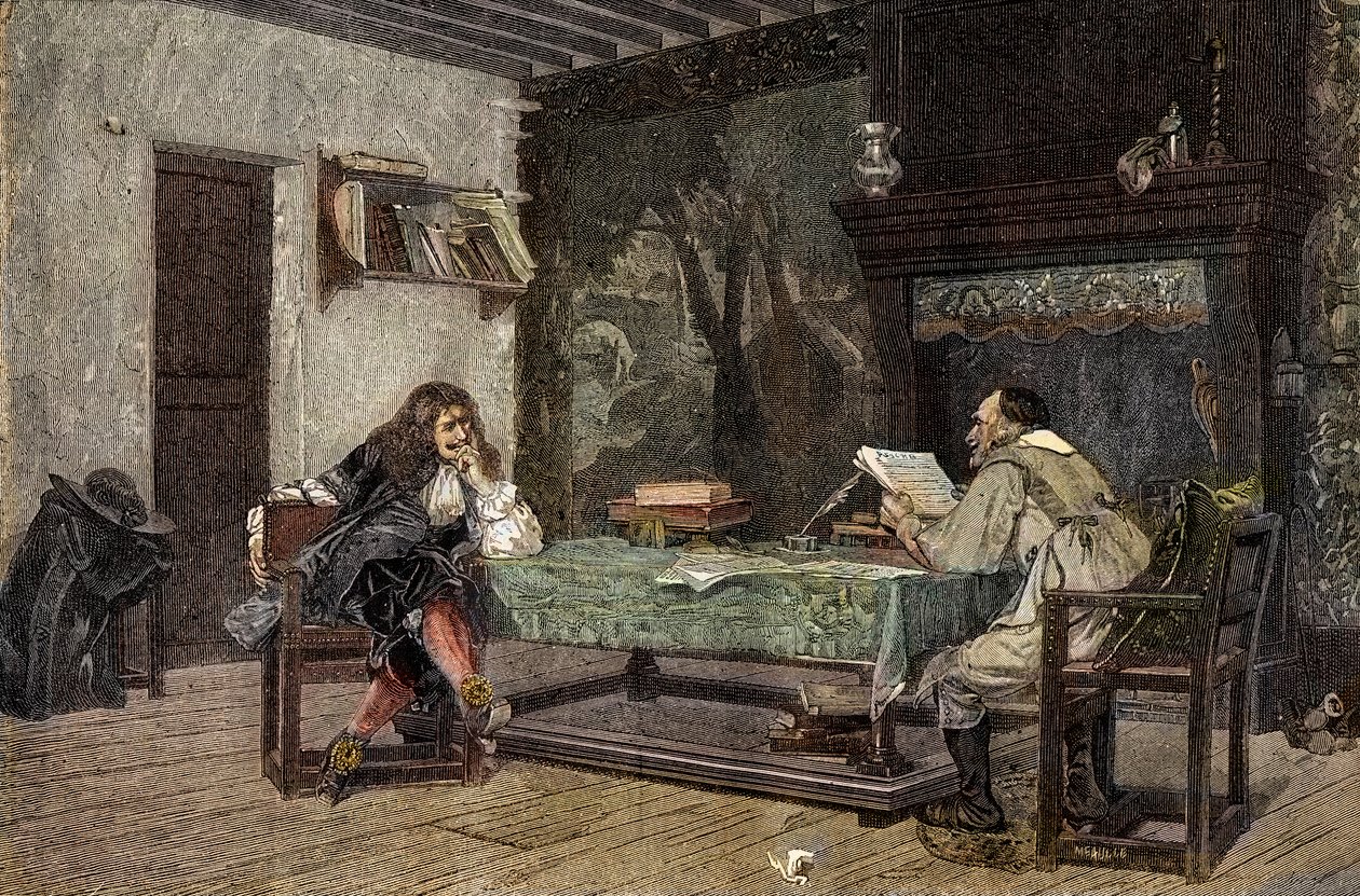 Zusammenarbeit zwischen Jean Baptiste Molière und Pierre Corneille, französische Dramatiker - Gravur nach dem Gemälde von Jean-Léon Gérôme von Jean Leon (after) Gerome