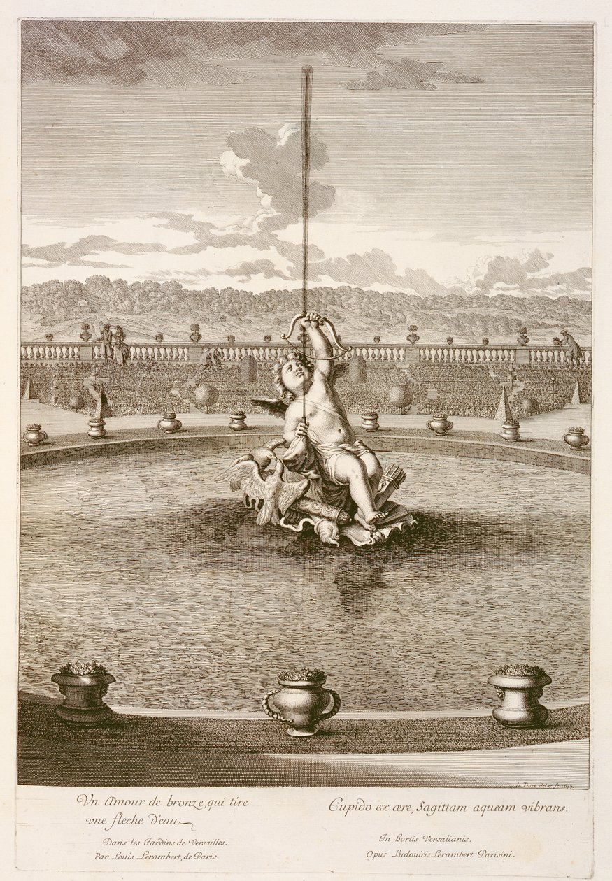 Brunnen mit Amor, der einen Wasserstrahlpfeil abschießt, entworfen von Louis Lerambert, in Versailles, 1677 von Jean Lepautre