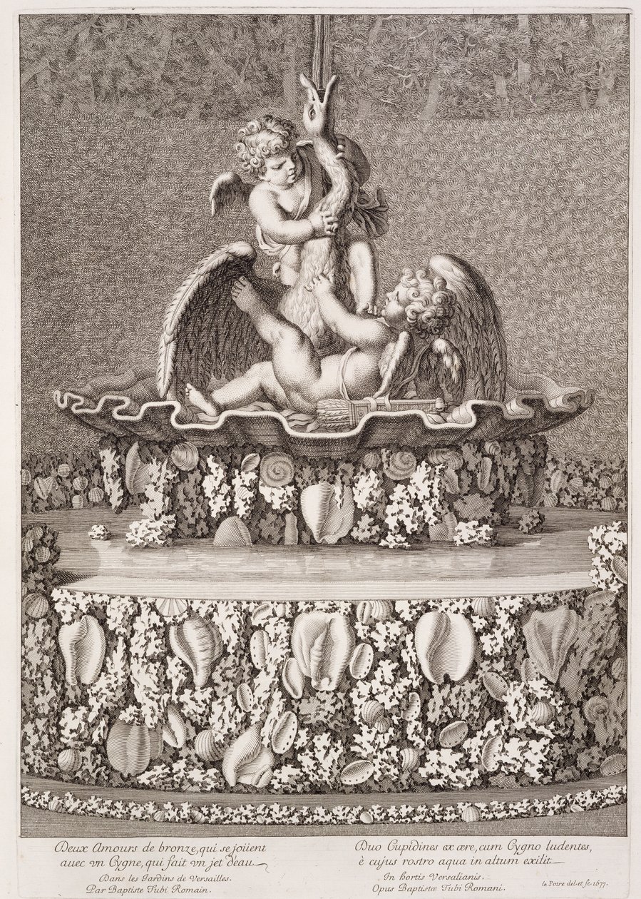 Brunnen mit zwei Amoren und einem Schwan, entworfen von Jean-Baptiste Tuby, in Versailles, 1677 von Jean Lepautre