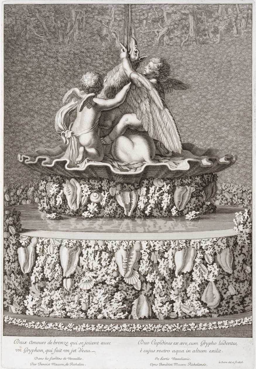 Brunnen mit zwei Amoren, die mit einem Greif spielen, von Benoit Massou, in Versailles, 1676 von Jean Lepautre