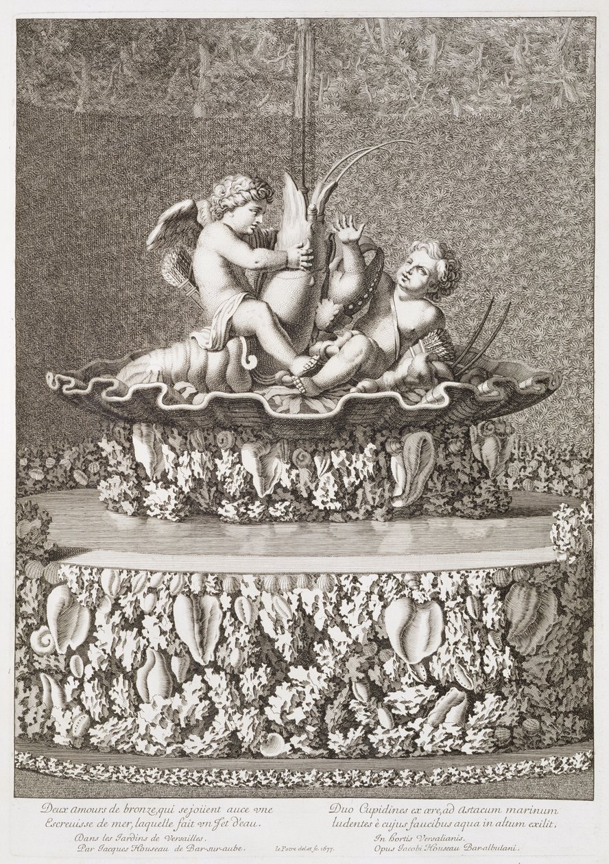 Brunnen mit zwei Amoren, die auf einem Flusskrebs reiten, entworfen von Jacques Houseau, in Versailles, 1677 von Jean Lepautre