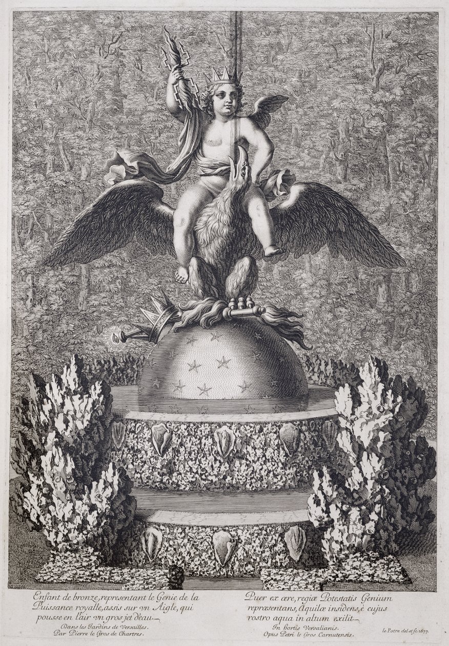 Brunnen mit einem Kind, das den Genius der königlichen Macht darstellt, von Pierre le Gros, in Versailles, 1677 von Jean Lepautre