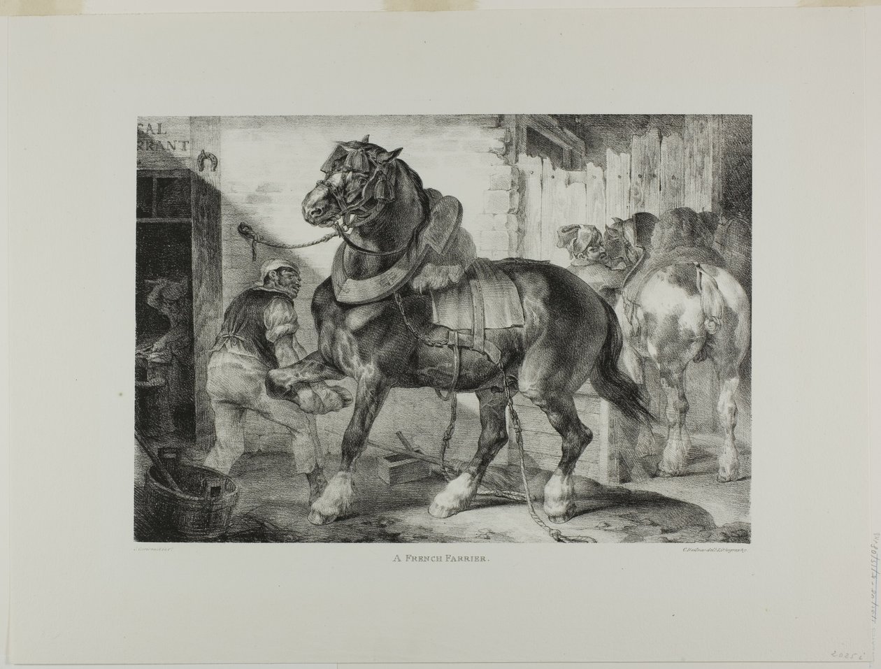 Ein französischer Hufschmied, Tafel 12 aus Verschiedene Motive aus dem Leben und auf Stein gezeichnet (Die englische Suite) von Jean Louis André Théodore Géricault