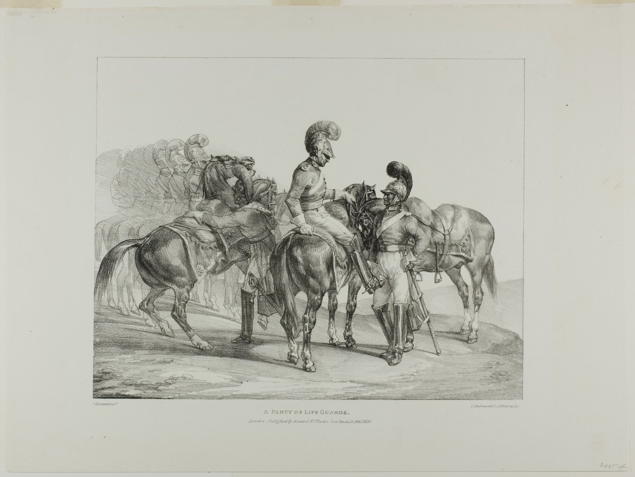 Eine Gruppe von Life Guards, Tafel 5 aus Verschiedene Motive aus dem Leben und auf Stein (Die Englische Suite) von Jean Louis André Théodore Géricault