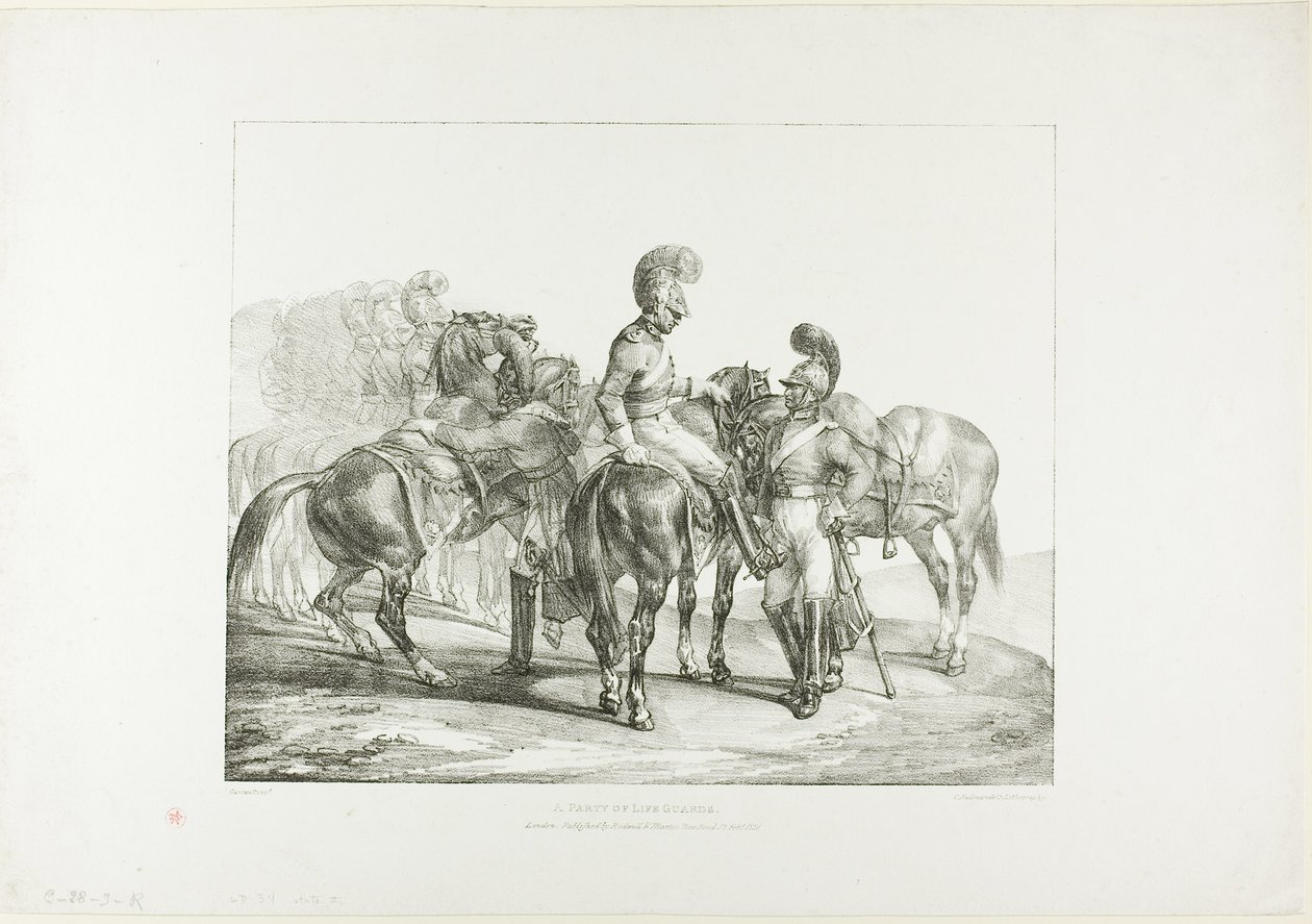 Eine Gruppe von Leibgardisten, Tafel 5 aus Verschiedene Themen aus dem Leben auf Stein gezeichnet von Jean Louis André Théodore Géricault