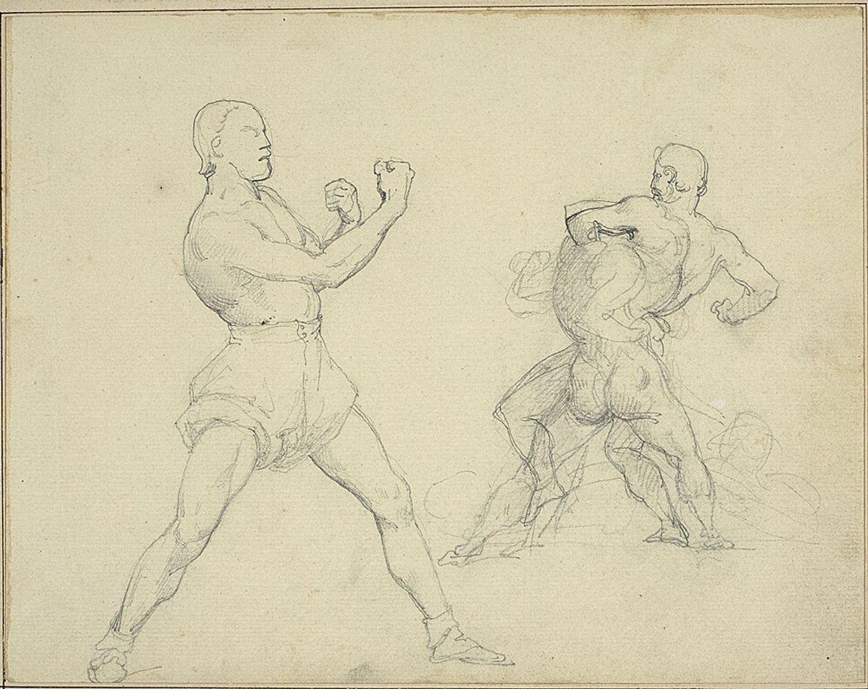 Boxer nach rechts und zwei Männer beim Ringen von Jean Louis André Théodore Géricault