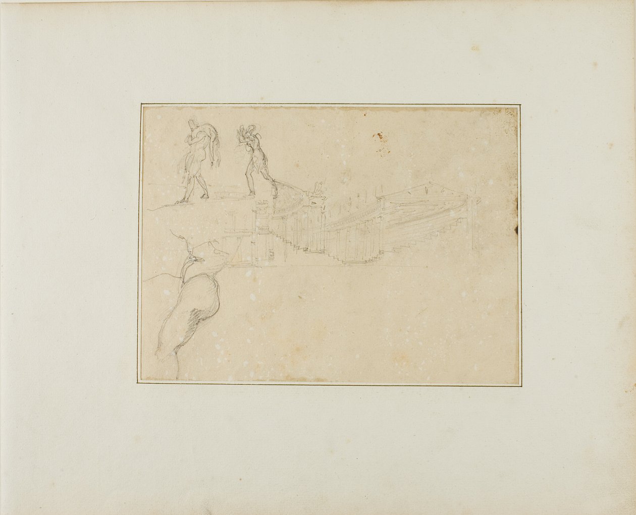Querschnitt einer Säulenhalle und drei Figurenskizzen von Jean Louis André Théodore Géricault